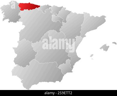 Karte von Spanien mit den Provinzen, gefüllt mit einem linearen Gradienten, ist Asturien hervorgehoben. Stock Vektor