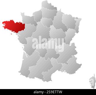 Karte von Frankreich mit den Provinzen, gefüllt mit einem linearen Verlauf, ist die Bretagne hervorgehoben. Stock Vektor