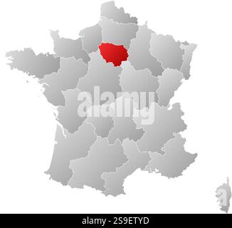 Karte von Frankreich mit den Provinzen, gefüllt mit einem linearen Gradienten, ist Île-de-France hervorgehoben. Stock Vektor