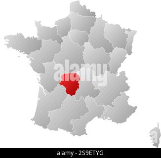 Karte von Frankreich mit den Provinzen, gefüllt mit einem linearen Verlauf, Limousin ist hervorgehoben. Stock Vektor