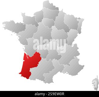 Karte von Frankreich mit den Provinzen, gefüllt mit einem linearen Verlauf, ist Aquitanien hervorgehoben. Stock Vektor