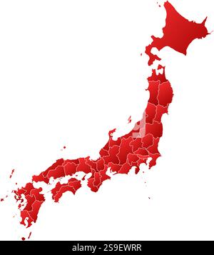 Karte von Japan mit den Provinzen, gefüllt mit einem linearen Gradienten. Stock Vektor
