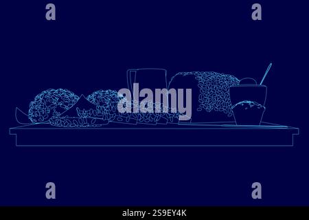 Blaue Zeichnung von Essen auf einem Tisch. Das Essen umfasst ein Sandwich, eine Schüssel mit Essen und eine Tasse. Die Szene ist ungezwungenermaßen und entspannt, da das Essen auf einer Ta Ta verteilt ist Stock Vektor