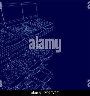 Das Bild ist eine blaue Zeichnung einer Lebensmittelanzeige mit blauem Hintergrund. Das Display besteht aus mehreren verschiedenen Fächern, die jeweils verschiedene Fächer enthalten Stock Vektor