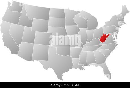 Karte der Vereinigten Staaten mit den Provinzen, gefüllt mit einem linearen Gradienten, ist West Virginia hervorgehoben. Stock Vektor