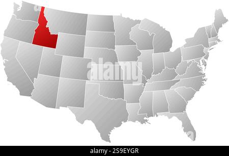 Karte der Vereinigten Staaten mit den Provinzen, gefüllt mit einem linearen Gradienten, ist Idaho hervorgehoben. Stock Vektor