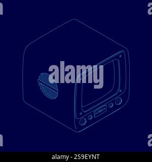 Blaues Feld mit Bildschirm und Schaltflächen. Die Box ist eine Darstellung eines Fernsehers. Die Szene ist einfach und minimalistisch Stock Vektor