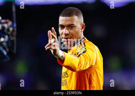 Kylian Mbappe von Real Madrid feiert am 25. Januar 2025 bei Jose Zorrilla in Valladolid, Spanien, ein Tor beim Fußballspiel der spanischen Meisterschaft La Liga zwischen Real Valladolid und Real Madrid Stockfoto