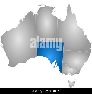 Karte von Australien mit den Provinzen, gefüllt mit einem radialen Gradienten, ist South Australia hervorgehoben. Stock Vektor