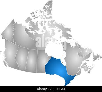 Karte von Kanada mit den Provinzen, gefüllt mit einem radialen Gradienten, ist Ontario hervorgehoben. Stock Vektor