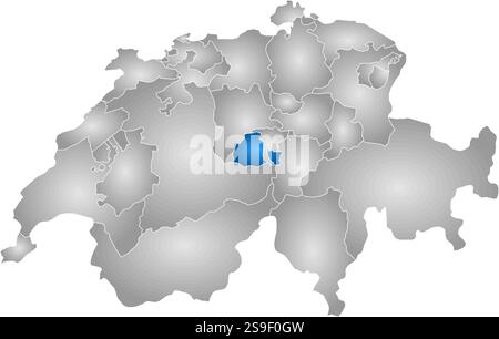 Karte von Swizerland mit den Provinzen, gefüllt mit einem radialen Gradienten, ist Obwalden hervorgehoben. Stock Vektor