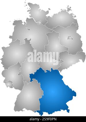Karte von Deutschland mit den Provinzen, gefüllt mit einem radialen Gradienten, ist Bayern hervorgehoben. Stock Vektor