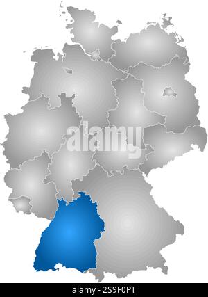 Karte von Deutschland mit den Provinzen, gefüllt mit einem radialen Gradienten, ist Baden-Württemberg hervorgehoben. Stock Vektor