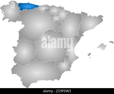 Karte von Spanien mit den Provinzen, gefüllt mit einem radialen Gradienten, ist Asturien hervorgehoben. Stock Vektor