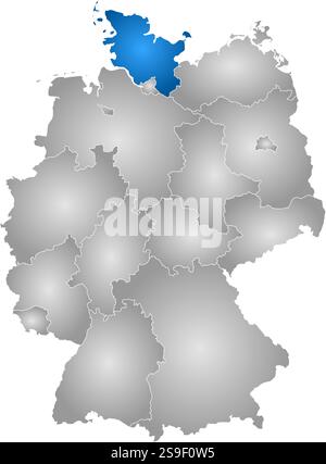 Karte von Deutschland mit den Provinzen, gefüllt mit einem radialen Gradienten, ist Schleswig-Holstein hervorgehoben. Stock Vektor