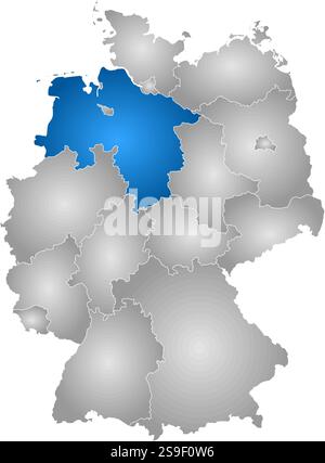 Karte von Deutschland mit den Provinzen, gefüllt mit einem radialen Gradienten, ist Niedersachsen hervorgehoben. Stock Vektor