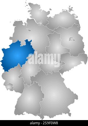 Karte von Deutschland mit den Provinzen, gefüllt mit einem radialen Gradienten, ist Nordrhein-Westfalen hervorgehoben. Stock Vektor
