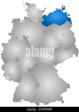 Karte von Deutschland mit den Provinzen, gefüllt mit einem radialen Gradienten, ist Mecklenburg-Vorpommern hervorgehoben. Stock Vektor