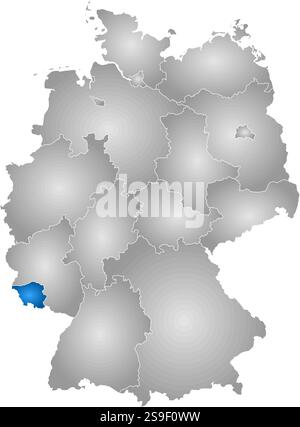 Karte von Deutschland mit den Provinzen, gefüllt mit einem radialen Gradienten, ist das Saarland hervorgehoben. Stock Vektor