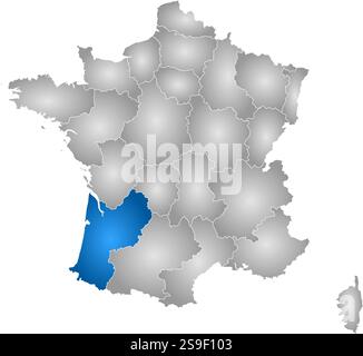 Karte von Frankreich mit den Provinzen, gefüllt mit einem radialen Gradienten, ist Aquitanien hervorgehoben. Stock Vektor
