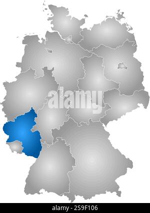 Karte von Deutschland mit den Provinzen, gefüllt mit einem radialen Gradienten, ist Rheinland-Pfalz hervorgehoben. Stock Vektor