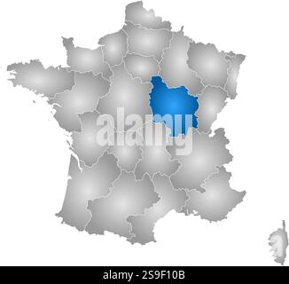 Karte von Frankreich mit den Provinzen, gefüllt mit einem radialen Gradienten, ist Burgund hervorgehoben. Stock Vektor