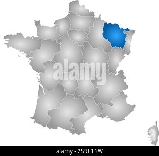 Karte von Frankreich mit den Provinzen, gefüllt mit einem radialen Gradienten, ist Lothringen hervorgehoben. Stock Vektor