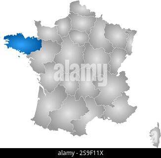 Karte von Frankreich mit den Provinzen, gefüllt mit einem radialen Gradienten, ist die Bretagne hervorgehoben. Stock Vektor