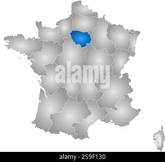 Karte von Frankreich mit den Provinzen, gefüllt mit einem radialen Gradienten, ist Île-de-France hervorgehoben. Stock Vektor