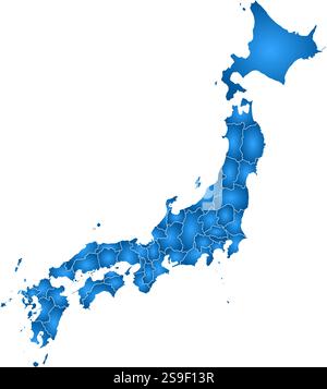 Karte von Japan mit den Provinzen, gefüllt mit einem radialen Gradienten. Stock Vektor