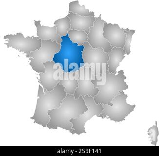 Karte von Frankreich mit den Provinzen, gefüllt mit einem radialen Gradienten, Zentrum ist hervorgehoben. Stock Vektor