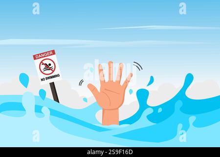 Die Hand einer Person, die im Wasser ertrinkt, reicht zur Oberfläche, um Hilfe zu bitten. Vektorabbildung. Stock Vektor