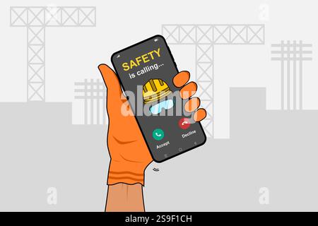 Arbeitnehmerhand mit orangefarbenen Schutzhandschuhen, die ein Mobiltelefon mit eingehendem Anruf aus DER SICHERHEITSABTEILUNG halten. Konzept der Sicherheitskampagne. Vektorabbildung. Stock Vektor