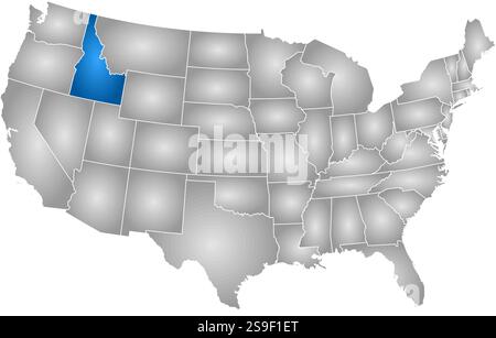 Karte der Vereinigten Staaten mit den Provinzen, gefüllt mit einem radialen Gradienten, ist Idaho hervorgehoben. Stock Vektor