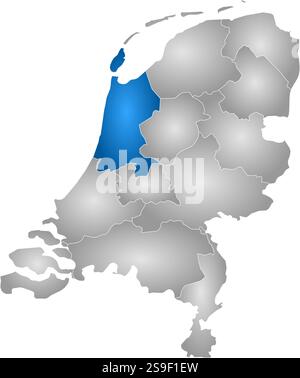 Karte der Niederlande mit den Provinzen, gefüllt mit einem radialen Gradienten, ist Nordholland hervorgehoben. Stock Vektor