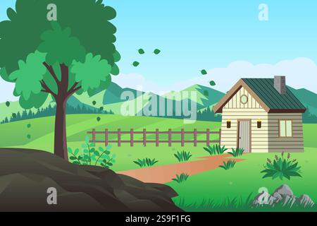 Holzhaus in einer wunderschönen Landschaft mit wunderschönem Blick auf Berge und Bäume. Vektorabbildung. Stock Vektor