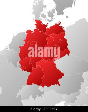 Karte von Deutschland mit den Provinzen und den nahe gelegenen Ländern, gefüllt mit einem linearen Gradienten. Stock Vektor