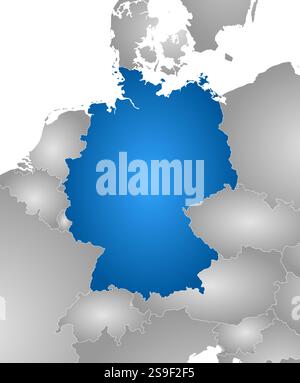 Karte von Deutschland mit den Provinzen und den nahe gelegenen Ländern, gefüllt mit einem radialen Gradienten. Stock Vektor