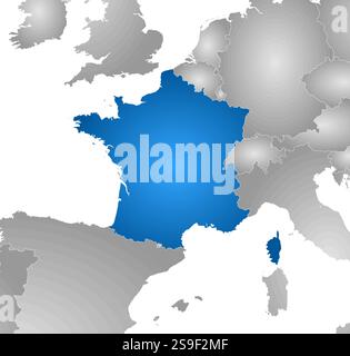 Karte von Frankreich mit den Provinzen und den nahe gelegenen Ländern, gefüllt mit einem radialen Gradienten. Stock Vektor