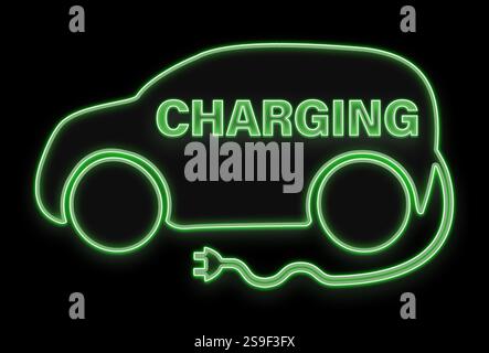 Grünes Neonsymbol einer Illustration zum Aufladen eines Elektroautos auf schwarzem Hintergrund. Bei Elektrofahrzeugen ein Schild, das anzeigt, dass das EV geladen wird. Stockfoto