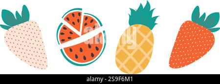 Weiße und rote Erdbeere, Wassermelonenscheiben und Ananas. Design-Set mit Früchten der Saison für den Sommer. Isolierte Vektor-Illustration Thematische Karten oder Web-Werbebanner, Faltblatt, Preisschild, Etikett, Poster Stock Vektor