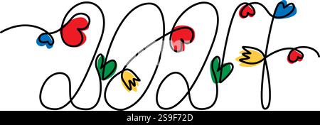 2027 eine durchgehende Linie, handgezeichneter Schriftzug mit dekorativen Herzen, Blumen und bunten Formen. Isolierte Vektor-Illustration Grußkarten, Broschüren, Preisschilder, Etiketten oder Web-Werbebanner, Broschüren Stock Vektor