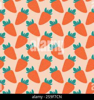 Erdbeeren mit bunten, nahtlosem Muster in Sommertönen. Gesunde Ernährung Hintergrund Idee. Isolierte Vektor Illustration Hintergrundbild, Verpackung oder Web Promo Promo Faltblatt Hintergrund, Karte, Banner, Tag Stock Vektor
