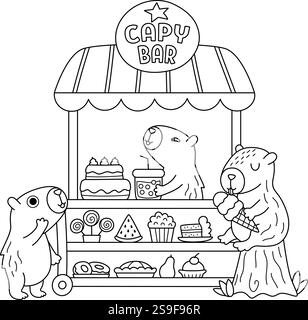 Vektorschwarz-weiße Capybaras sitzen in rollenden Snackkarren mit Rädern. Süßwarenladen mit Capibaras-Symbol. Zeichentricklinie Süßigkeiten stehen Illustration. Pa Stock Vektor