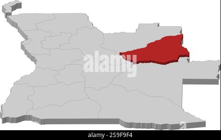Karte von Angola als graues Stück ist Lunda Sul rot hervorgehoben. Stock Vektor