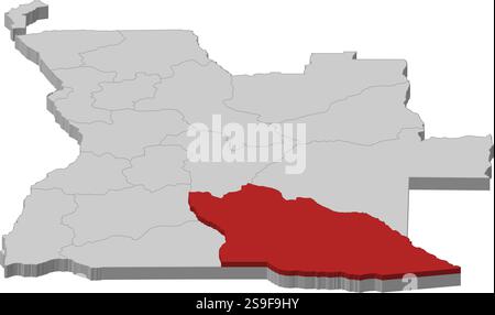 Karte von Angola als graues Stück ist Cuando Cubango rot hervorgehoben. Stock Vektor