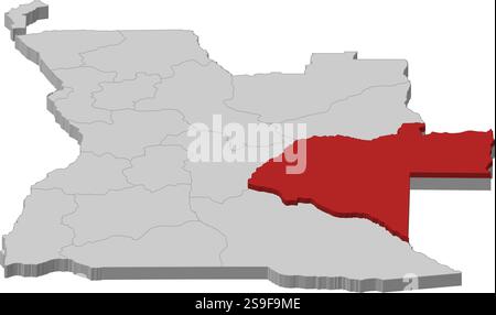 Karte von Angola als graues Stück ist Moxico rot hervorgehoben. Stock Vektor