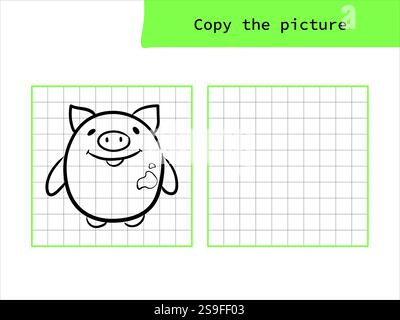 Niedliche Schweinemalerei. Kopieren Sie das Bild. Malbuch. Lernspiel für Kinder. Illustration des Zeichentrickvektors Stock Vektor