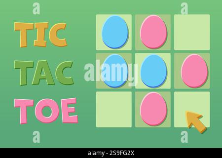 SPIEL TIC-TAC-TOE UI. Ostermotiv. Hintergrund mit farbigen Eierkarten. Druckbares Arbeitsblatt für Frühlingsferien. Null und kreuzt Raster Stock Vektor