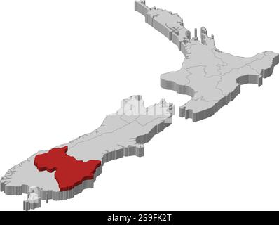 Karte von Neuseeland als graues Stück. Otago ist rot hervorgehoben. Stock Vektor